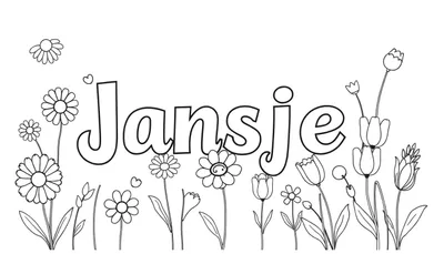 Kleurplaat met de naam Jansje in grote letters, omringd door getekende bloemen zoals madeliefjes en tulpen, en een klein hartje boven de 'J'.