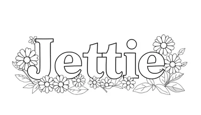 Zwart-wit lijntekening van de naam Jettie omringd door bloemen en blaadjes, bedoeld als kleurplaat.