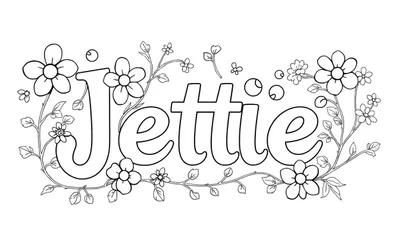 Zwart-witte kleurplaat met de naam Jettie in grote bubbelletters, omringd door bloemen, blaadjes en ranken.