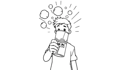 Zwart-wit cartoontekening van een jonge jongen met wijd open ogen die uit een blikje Red Bull drinkt, omringd door bubbels en energielijnen.