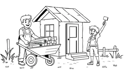 Zwart-wit lijntekening van twee lachende jongens die buiten een klein houten huisje bouwen met hout, een kruiwagen en een hamer.