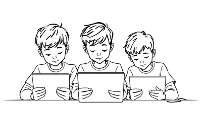 Lijntekening van drie jongens die geconcentreerd naar hun tablets kijken.