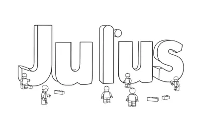 Zwart-wit tekening van het woord JULIUS met 3D letters, omringd door zeven LEGO-achtige poppetjes en vijf losse LEGO-blokjes.