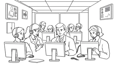 Zwart-wit kleurplaat van een kantoorruimte met ongeveer negen mensen die achter bureaus zitten, allemaal met headsets en kijkend naar computerschermen.