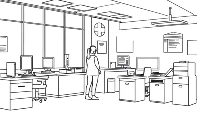 Zwart-wit lijntekening van een kantoorruimte met bureaus, computers, ramen en een persoon met koptelefoon.