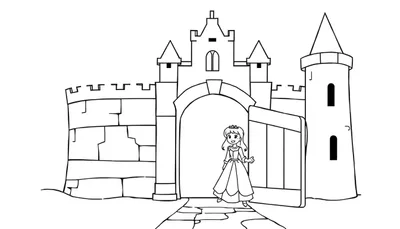 Kleurplaat van een sprookjeskasteel met een prinses voor de open poort, met een stenen pad dat naar de ingang leidt.