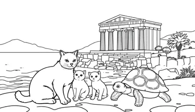 Kleurplaat van een kattenfamilie, bestaande uit een moederkat en twee kittens, met een schildpad aan de kust. Een oude Griekse tempel met zuilen staat op de achtergrond met een zee en bergen.