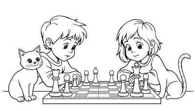 Kleurplaat van twee kinderen die schaak spelen met twee katten die toekijken.