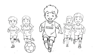 Zwart-wit kleurplaat van vijf lachende kinderen die voetballen, allen met FC Twente shirts. Een jongen trapt de bal weg.