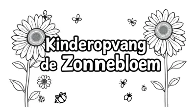 Zwart-wit lijntekening van een kleurplaat met de tekst 'Kinderopvang de Zonnebloem', twee grote zonnebloemen, kleine vliegende insecten, een kleinere bloem en een lieveheersbeestje.