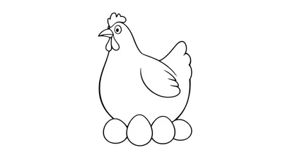 Kleurplaat van een cartoon kip die op eieren broedt, met dikke zwarte lijnen op een witte achtergrond.