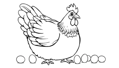 Zwart-wit lijntekening van een kip die bij haar eieren staat, klaar om ingekleurd te worden.
