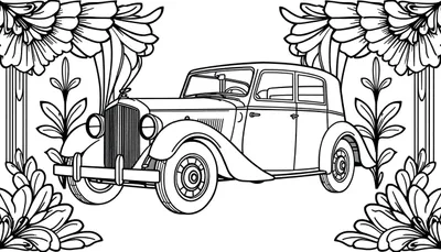 Zwart-wit tekening van een klassieke sedan oldtimer auto met ronde koplampen en een verticale grille, omringd door een decoratieve omlijsting van gestileerde bloemen en bladeren.