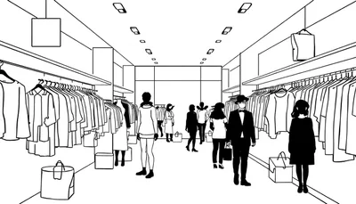 Zwart-witte tekening van een kledingwinkel met kledingrekken, klanten, winkelzakken en moderne verlichting.