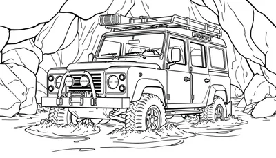 Kleurplaat van een klassieke Land Rover Defender met avontuurlijke uitrusting, die door water of modder rijdt tussen rotsen.