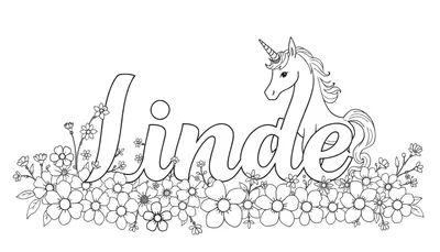 Kleurplaat van de naam 'Linde' met een eenhoorn en bloemen, zwart-wit lijntekening.