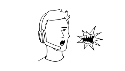 Kleurplaat van een jonge man in profiel die naar rechts kijkt, een headset met microfoon draagt en luid schreeuwt. Rechts van zijn gezicht een stripboekachtige geluidsuiting met een boze mond en tanden.