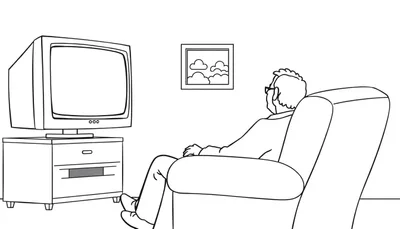 Zwart-wit lijntekening van een man die met zijn rug naar de kijker toe op een fauteuil zit en naar een oude beeldbuis-televisie kijkt. Aan de muur hangt een schilderij met wolken.