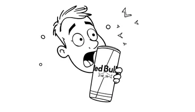 Kleurplaat van een mannelijk gezicht met verraste uitdrukking die uit een blikje Red Bull drinkt, omringd door energierijke abstracte vormen.