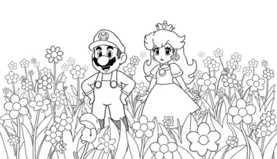 Zwart-wit lijntekening van Mario en Prinses Peach staand in een veld vol bloemen en bladeren, klaar om ingekleurd te worden.