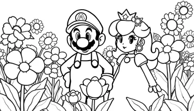 Zwart-wit kleurplaat van Mario en Prinses Peach in een veld vol bloemen en bladeren.