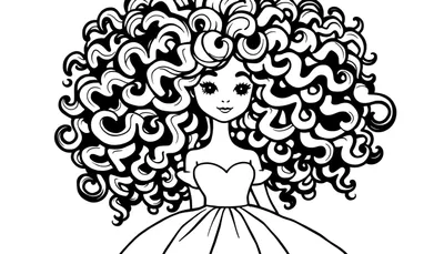Kleurplaat van een schattig meisje met grote krullen en een elegante strapless jurk.