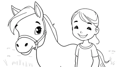 Zwart-wit tekening van een glimlachend meisje met kort haar en een T-shirt naast een paard met halster. Ze staan in de grasrijke voorgrond en kijken blij.