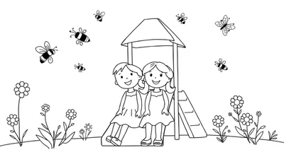 Zwart-wit kleurplaat met twee lachende meisjes, een speelhuisje met glijbaan, bloemen, plantjes, bijen en een vlinder.