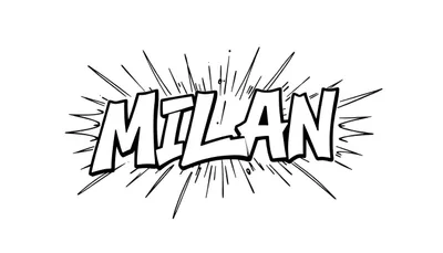 Kleurplaat van het woord 'MILAN' met dikke zwarte omtrek en witte vulling, omringd door explosieve zwarte lijnen in stripboekstijl.