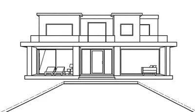 Lijntekening van een modern huis met twee verdiepingen, plat dak, voordeur, grote glazen schuifpuien, balkon en een zwembad.