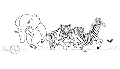 Kleurplaat met een olifant, twee tijgers, een zebra en een voetbal.