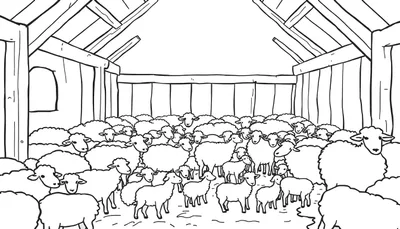 Zwart-wit lijntekening van een schaapskooi vol met schapen.