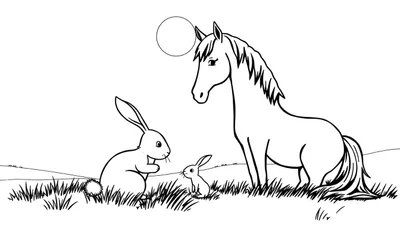Kleurplaat van een paard, een volwassen konijn en een jong konijntje in een grasveld.