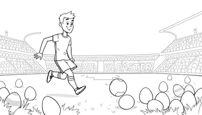 Kleurplaat van een lachende jongen in voetbaltenue die paaseieren dribbelt op het grasveld van een voetbalstadion. Op de tribunes staat 'EASTER'.