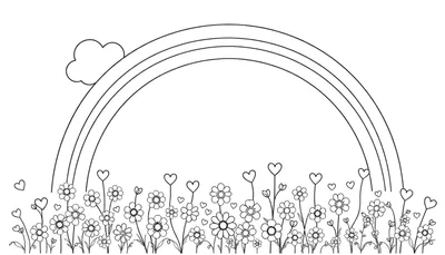 Een zwart-wit lijntekening van een regenboog met drie bogen, een pluizige wolk aan de linkerkant, en onderaan een veld vol bloemen en hartjes van verschillende groottes.