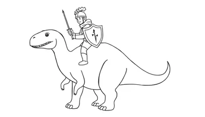 Kleurplaat van een ridder met zwaard en schild die op de rug van een grote, lachende vleesetende dinosaurus rijdt.