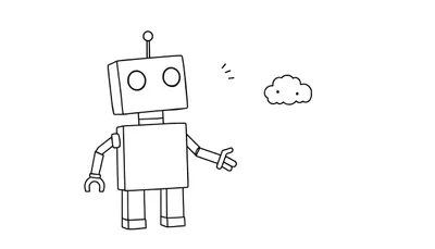 Kleurplaat van een simpele robot met een vriendelijk gezichtje die gebaart naar een klein, cartoonachtig wolkje met een gezichtje.