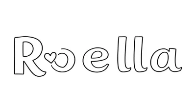 Kleurplaat van het woord 'Roella' met een hoofdletter R en kleine letters oella. De letters zijn dik omlijnd in zwart en de letter 'o' bevat een klein hartje. De plaat is bedoeld om in te kleuren.