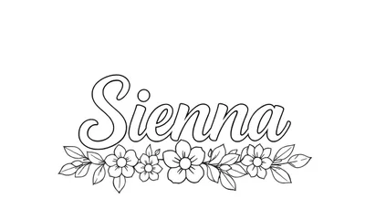 Zwart-wit lijntekening van de naam Sienna met een bloemenkrans eronder, klaar om ingekleurd te worden.
