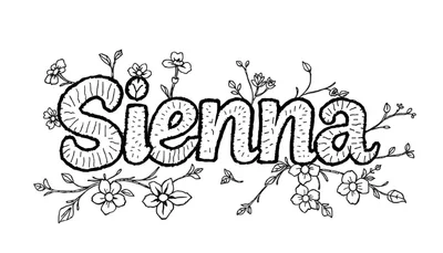 Kleurplaat met het woord 'Sienna' in dikke, ronde letters, gevuld met verticale streepjes en stipjes, omringd door bloemen en ranken.