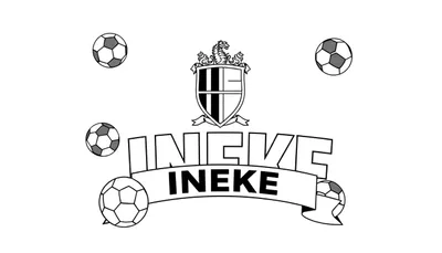 Zwart-wit kleurplaat van een sportclub embleem met de naam INEKE en voetballen.