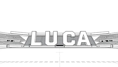 Zwart-witte lijntekening van een sportstadion, gezien vanaf het speelveld, met de letters 'LUCA' in grote blokletters op het veld.