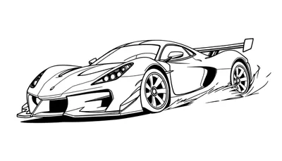 Zwart-witte lijntekening van een futuristische sportwagen die met hoge snelheid rijdt, met strepen rond de wielen die beweging aangeven.