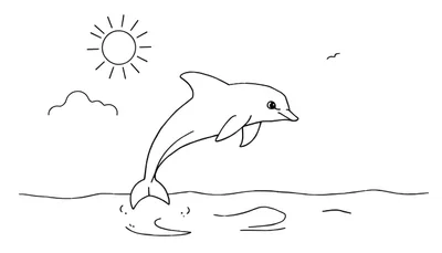 Zwart-wit lijntekening van een dolfijn die vrolijk uit het water springt, met een zon, wolk en vogel in de lucht.
