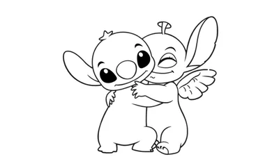 Zwart-wit lijntekening van Stitch en Angel die elkaar omhelzen, met Angel die knipoogt en kleine vleugeltjes heeft.