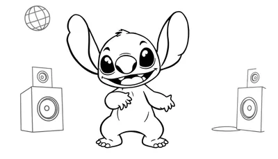 Kleurplaat van Stitch die danst, met twee luidsprekers en een wereldbol. Zwart-wit lijntekening voor kinderen.