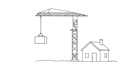 Zwart-wit lijntekening van een grote torenkraan die een container hijst, met een klein huisje ernaast op een golvende grond.