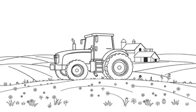 Zwart-wit kleurplaat van een moderne tractor op een glooiend veld met boerderijgebouwen en silo's op de achtergrond. De voorgrond is bedekt met gras en bloemen, met een paasei rechtsonder.