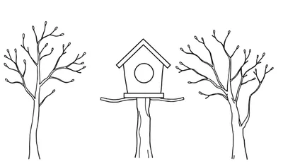Kleurplaat van een vogelhuisje met een puntdak, landingsplank en ronde ingang, staand tussen twee kale bomen.