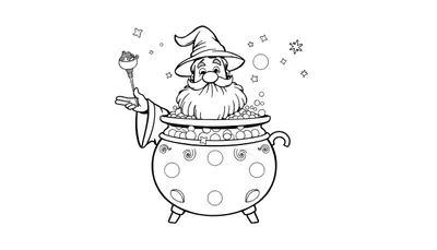 Kleurplaat van een vriendelijke tovenaar met een puntige hoed en grote baard, die in een grote ketel met magische drank zit. Hij houdt een toverstaf vast en om hem heen zweven sterren en bubbels.